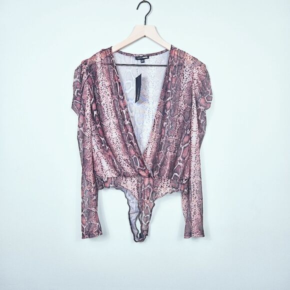 NWT Fashion Nova Snake Your Time Surplice Bodysuit. Brown - Picture 2 of 15